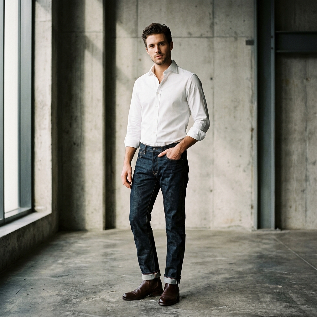 Male model wearing white shirt and dark indigo jeans, Cucc Formal edition center image