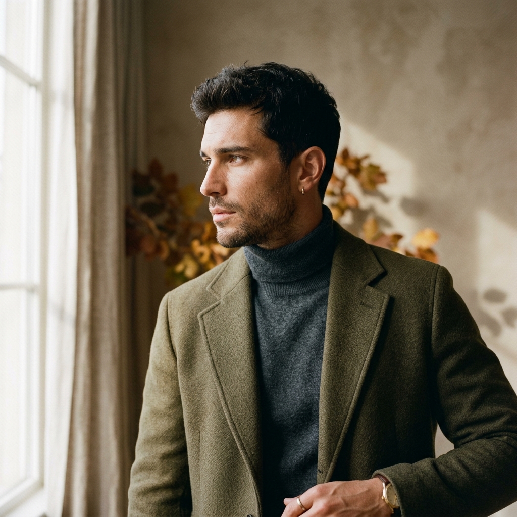 Close-up portrait of a man, warm high-fashion autumn lighting campaign image