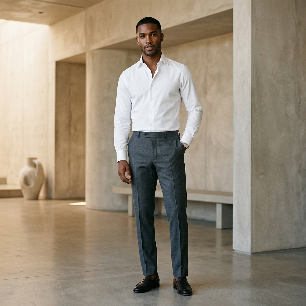 Male model wearing crisp white button-down dress shirt and tailored trousers, high fashion campaign mockup