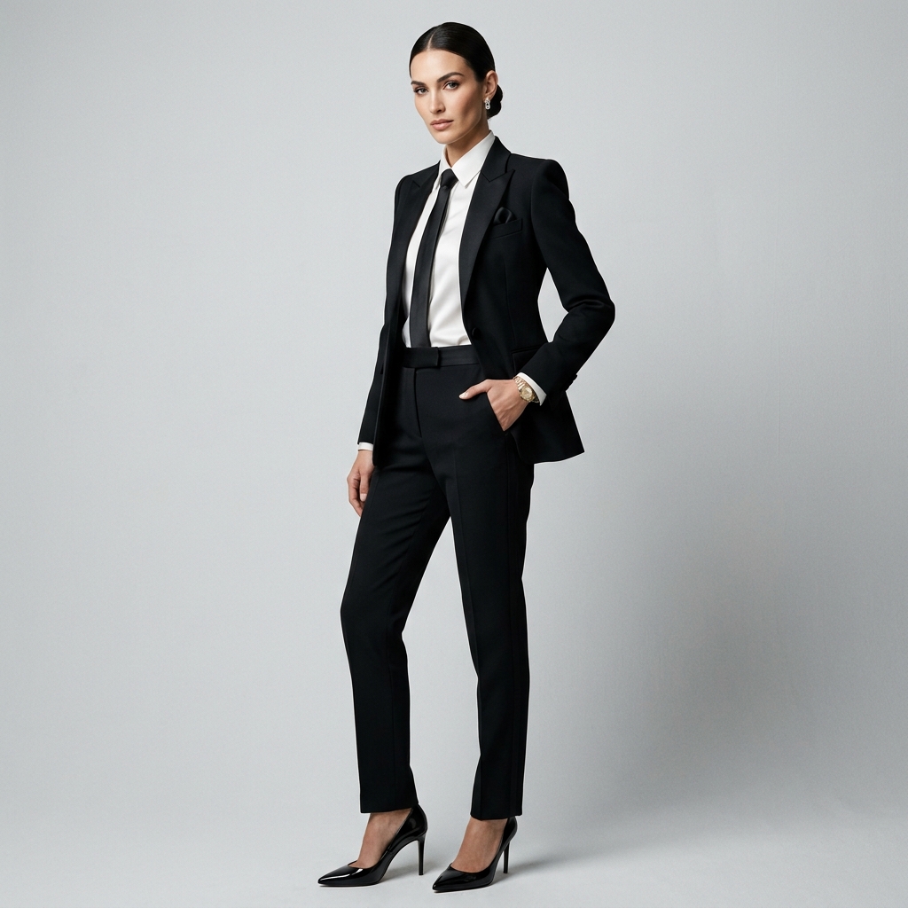 Model wearing Cucc Formal suit outfit, high fashion clothing studio shot