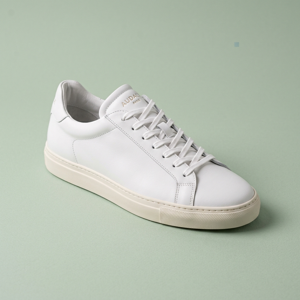 Luxury minimalist designer white sneakers product showcase