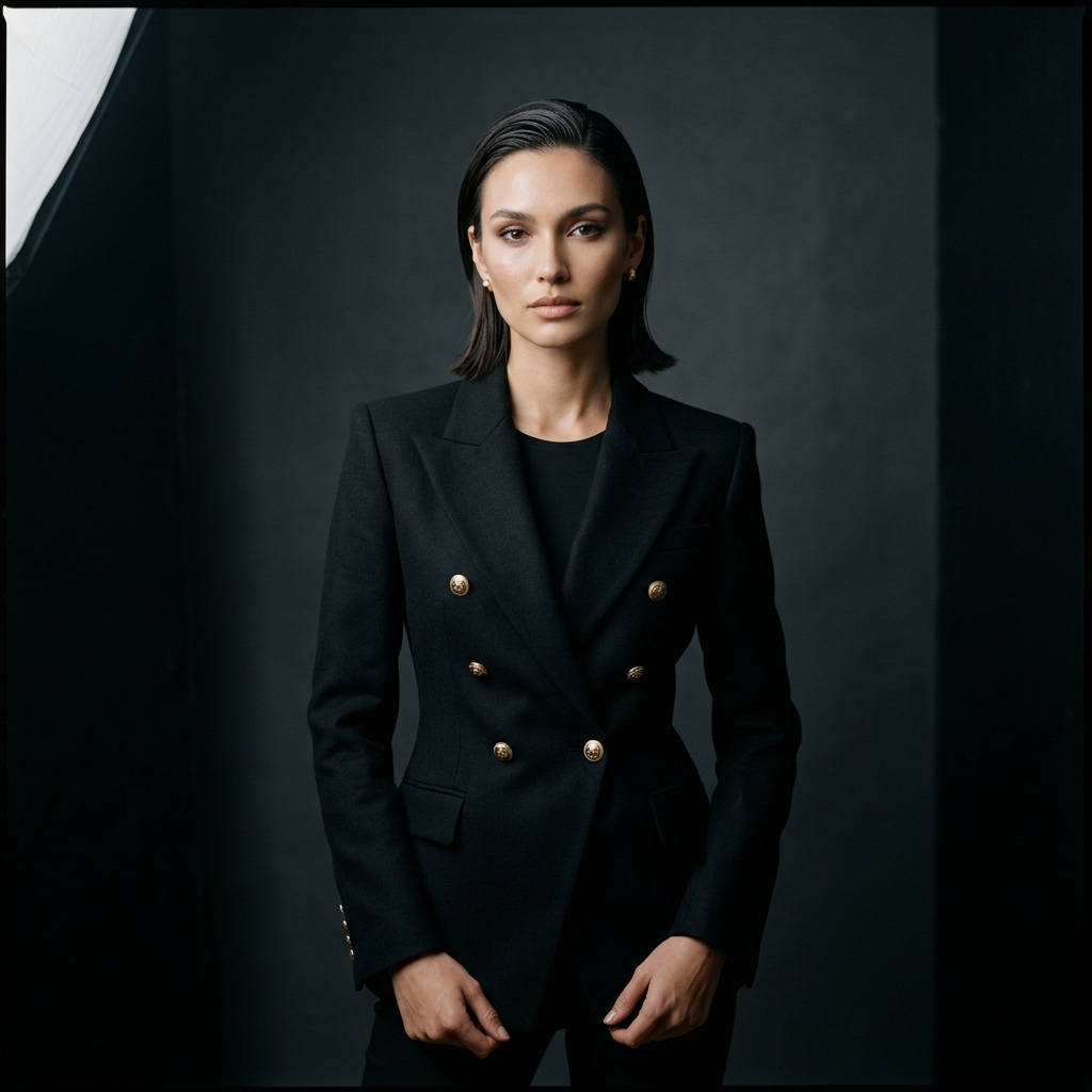 Model wearing a sharp structured black blazer looking at camera, luxury video banner mockup